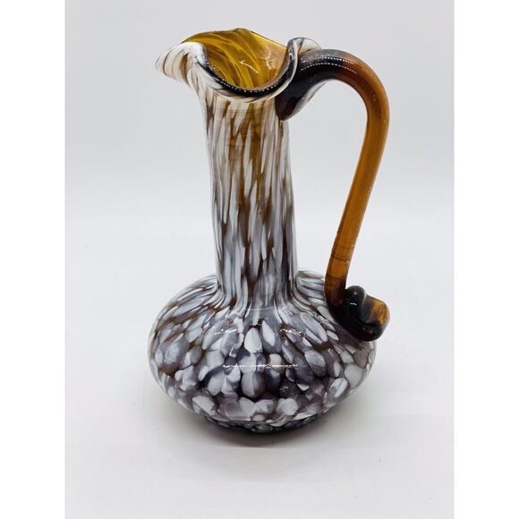 Studio Art Glass Brown blown vase pitcher /white splatter/swan handle - Picture 2 of 9